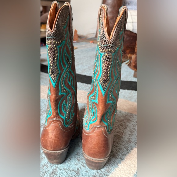 Lucchese Brown and Teal Heeled Western Boots - Picture 5 of 11